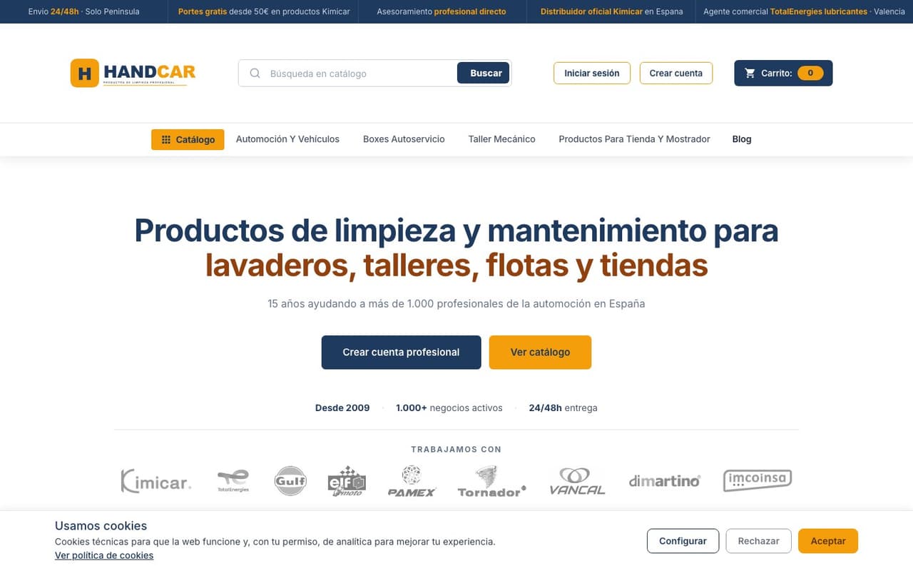 Captura limpia de la home oficial de Handcar