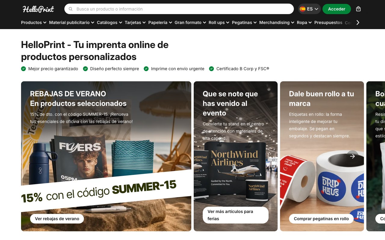 Captura de pantalla de la home de HelloPrint
