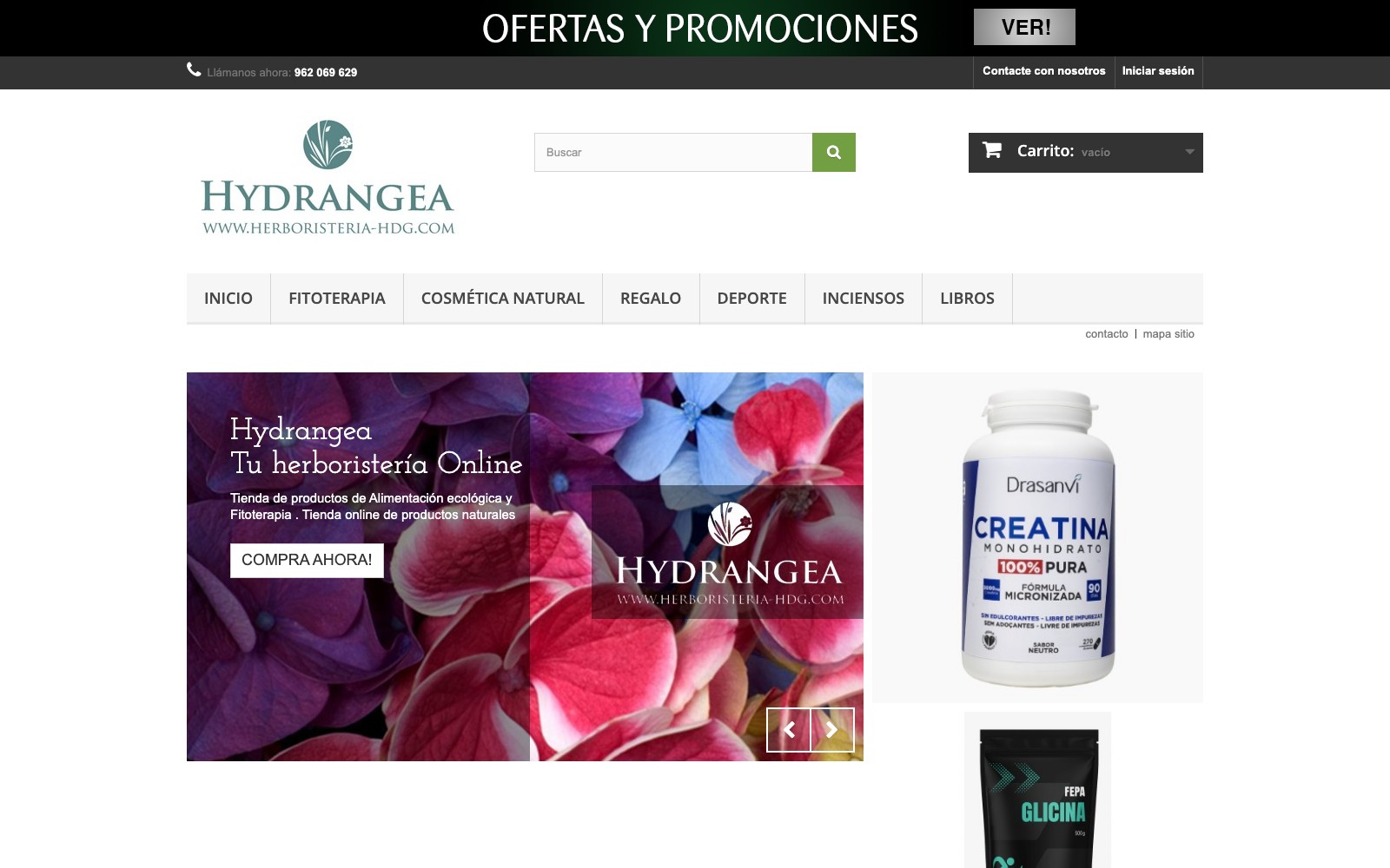 Vista superior limpia de la web oficial de Herboristería Hydrangea