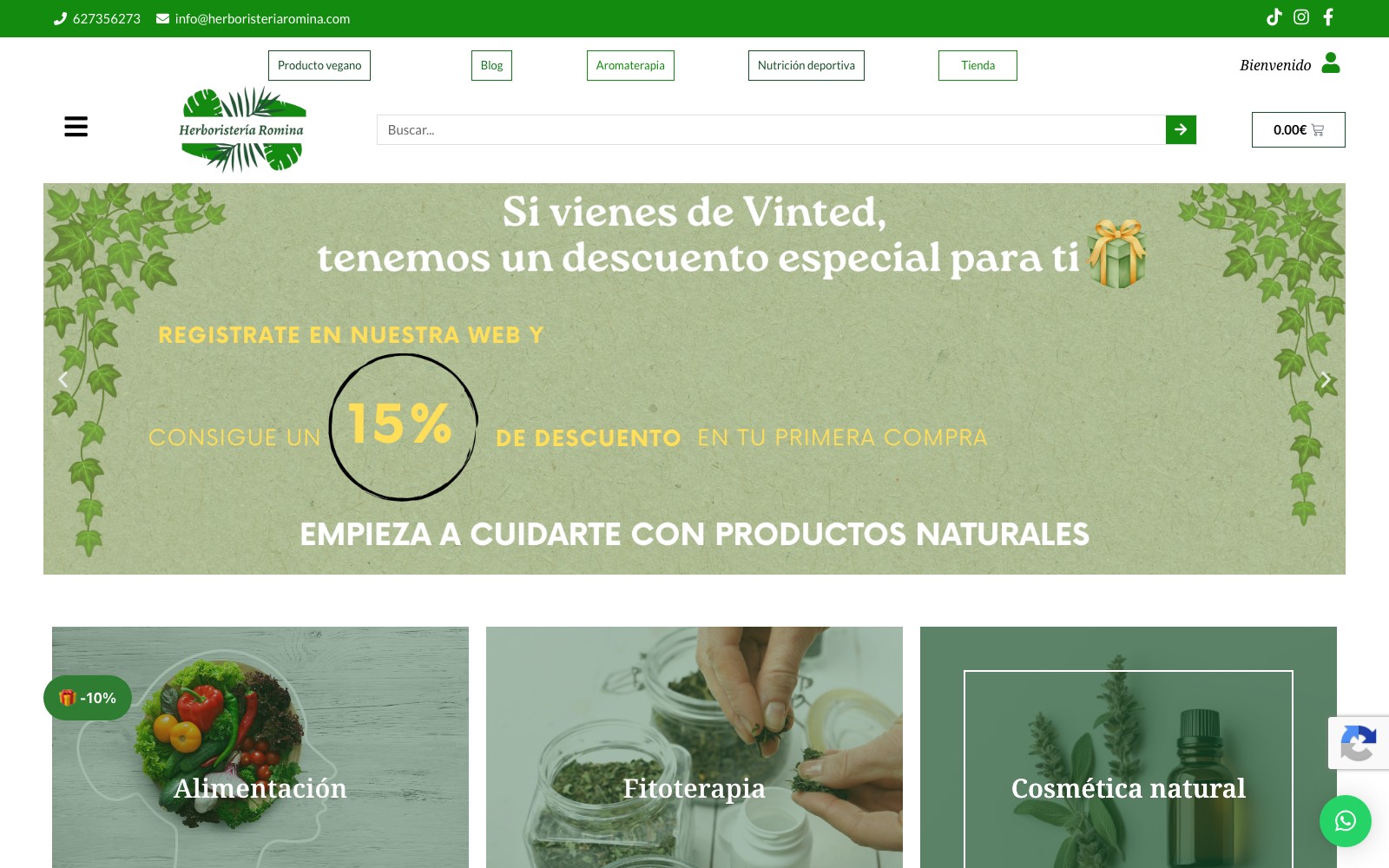 Vista superior limpia de la web oficial de Herboristería Romina