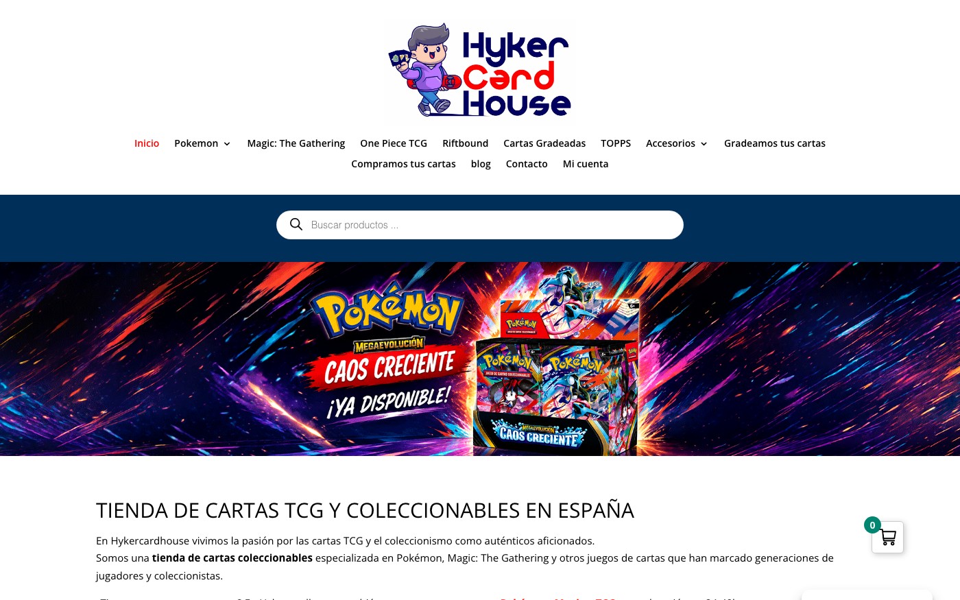 Captura limpia de la home oficial de Hykercardhouse TCG