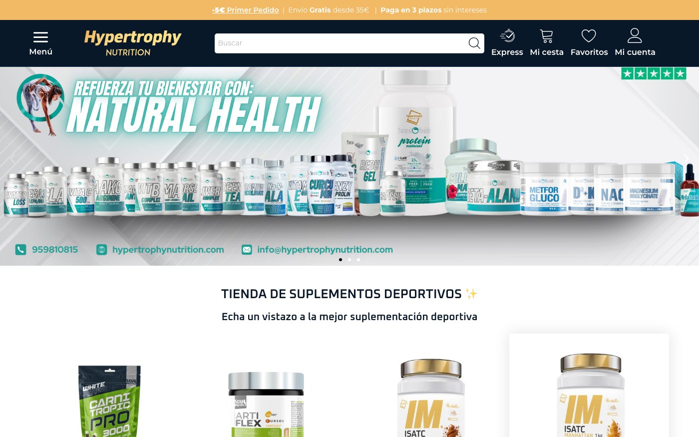 Captura de pantalla de la home de Hypertrophy Nutrition
