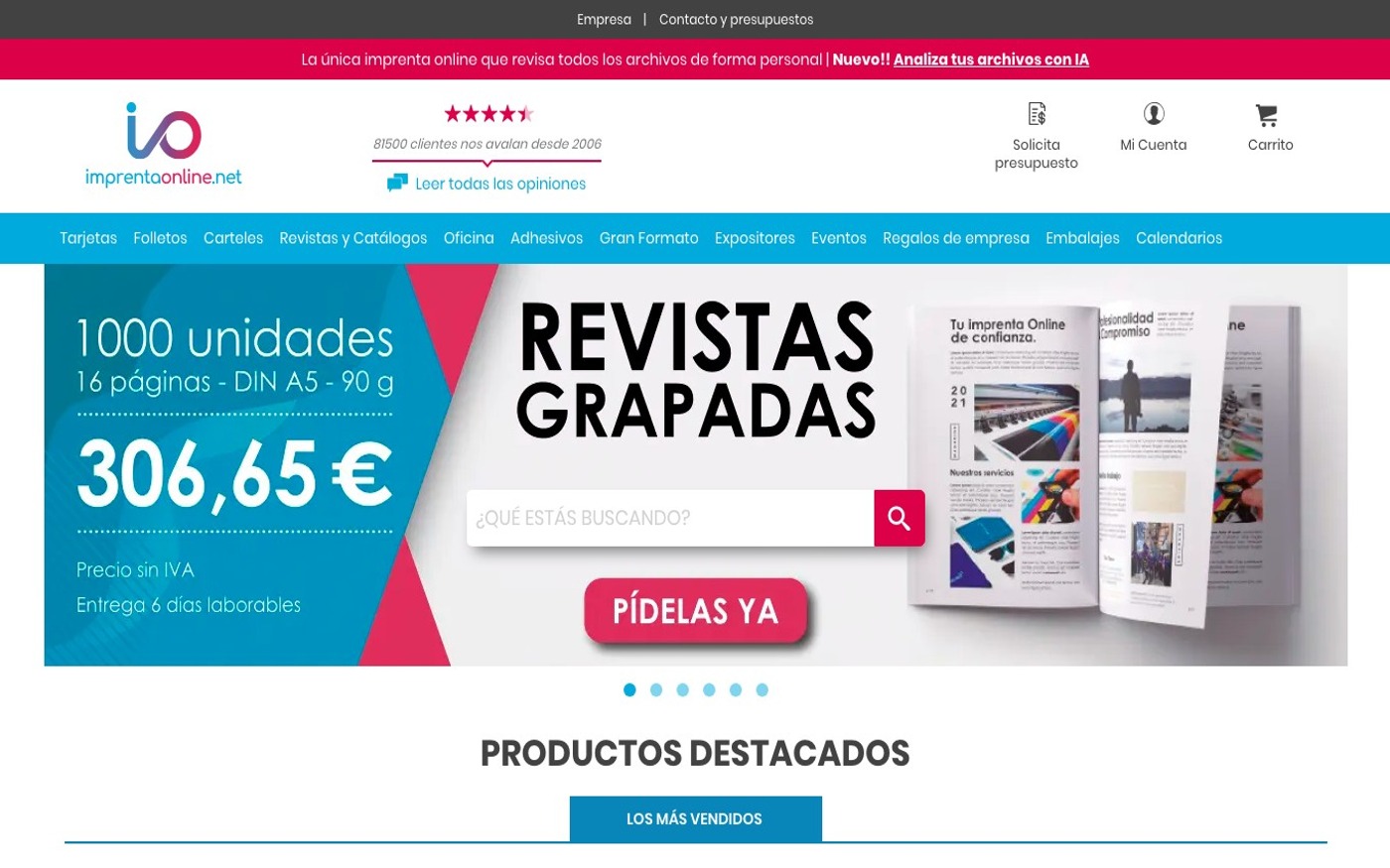Captura de pantalla de la home de Imprentaonline.net