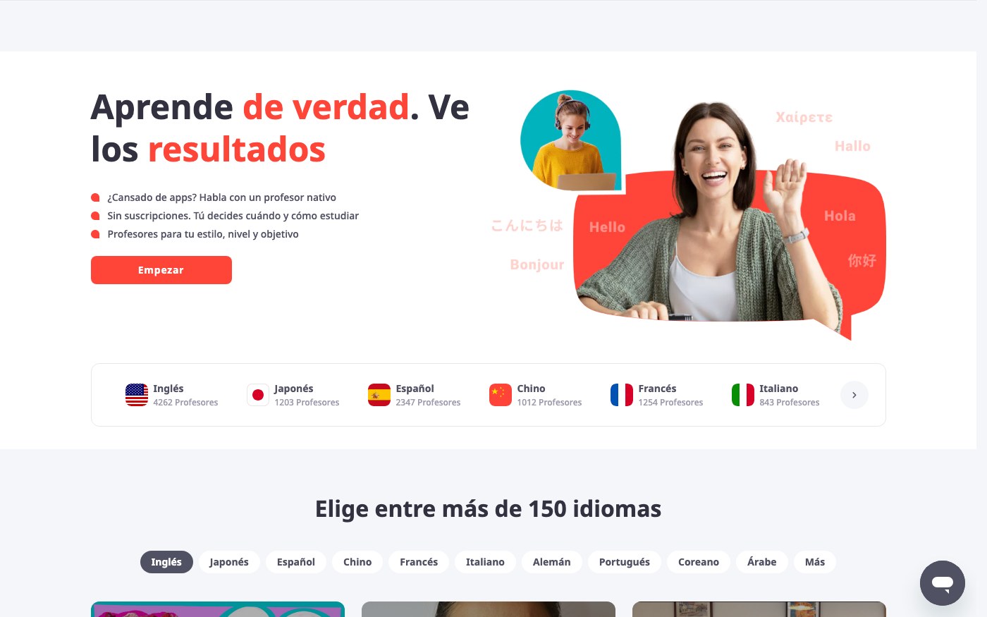 Captura limpia de la home oficial de italki
