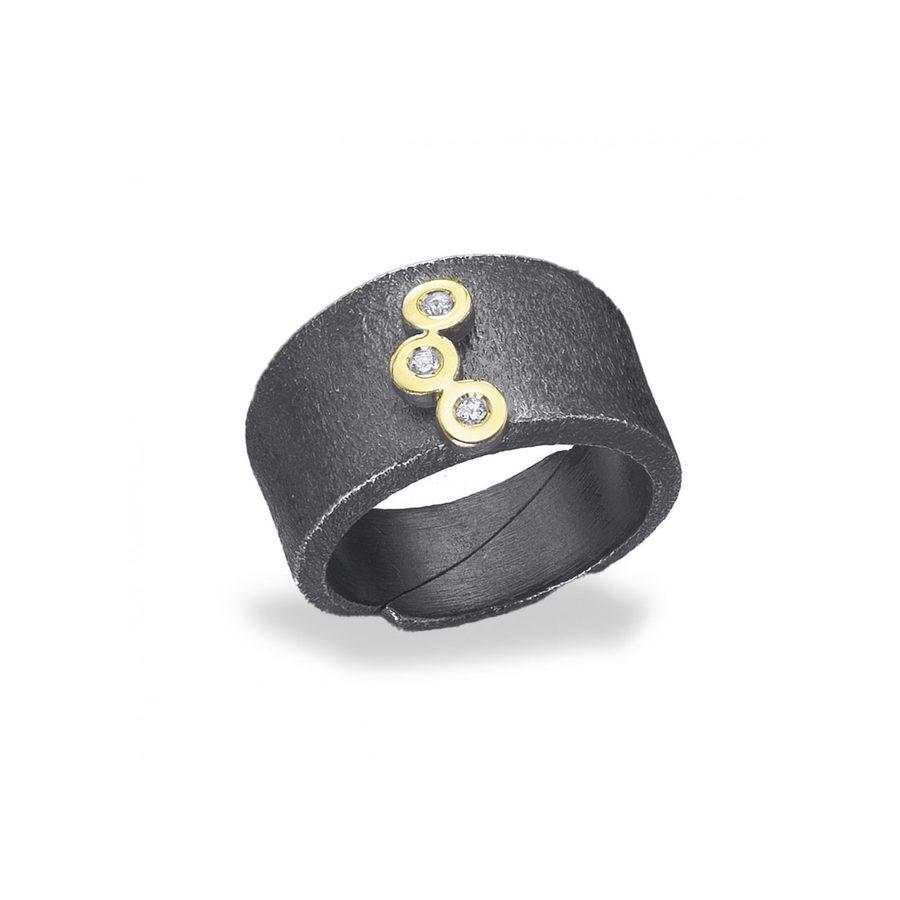 Anillo plata oxidada, oro amarillo y diamantes