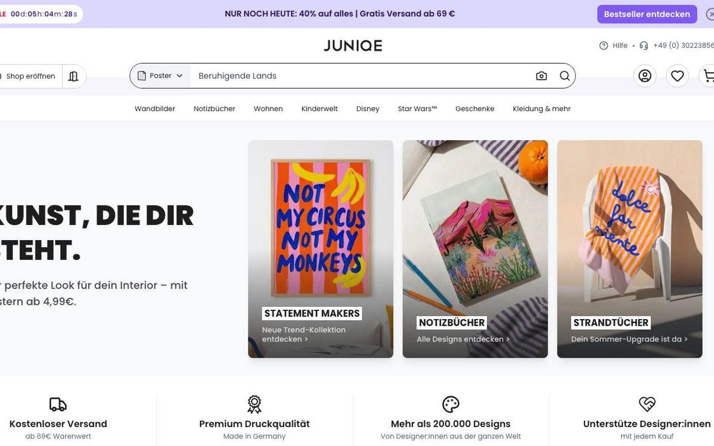 Captura de pantalla de la home de JUNIQE