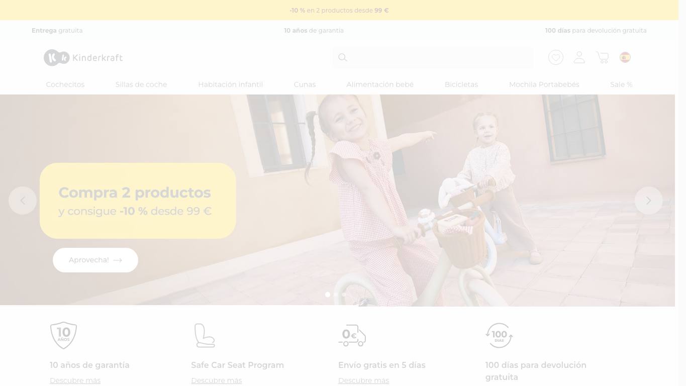 Captura de pantalla de la home de Kinderkraft