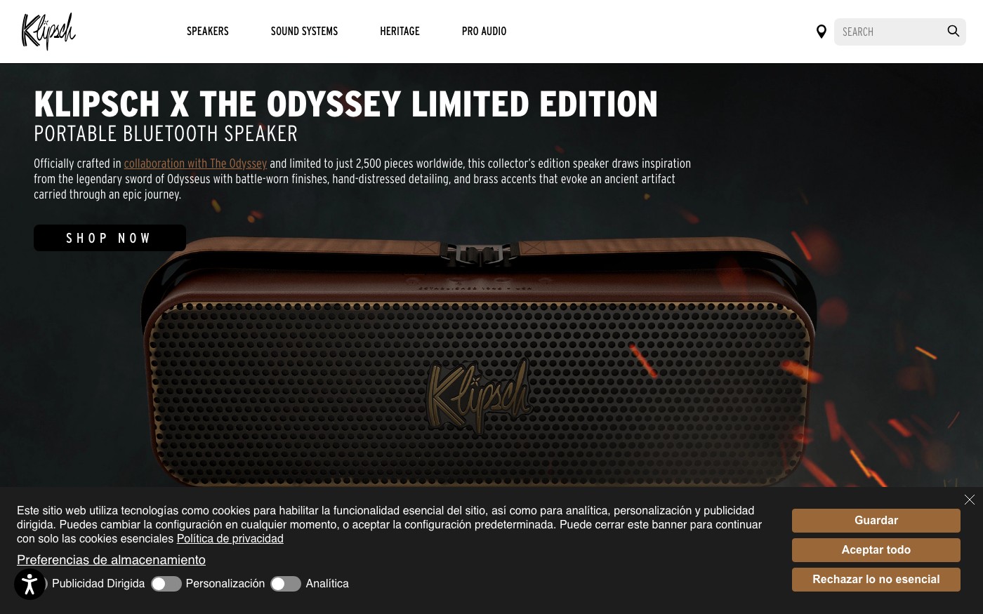 Captura de pantalla de la home de Klipsch