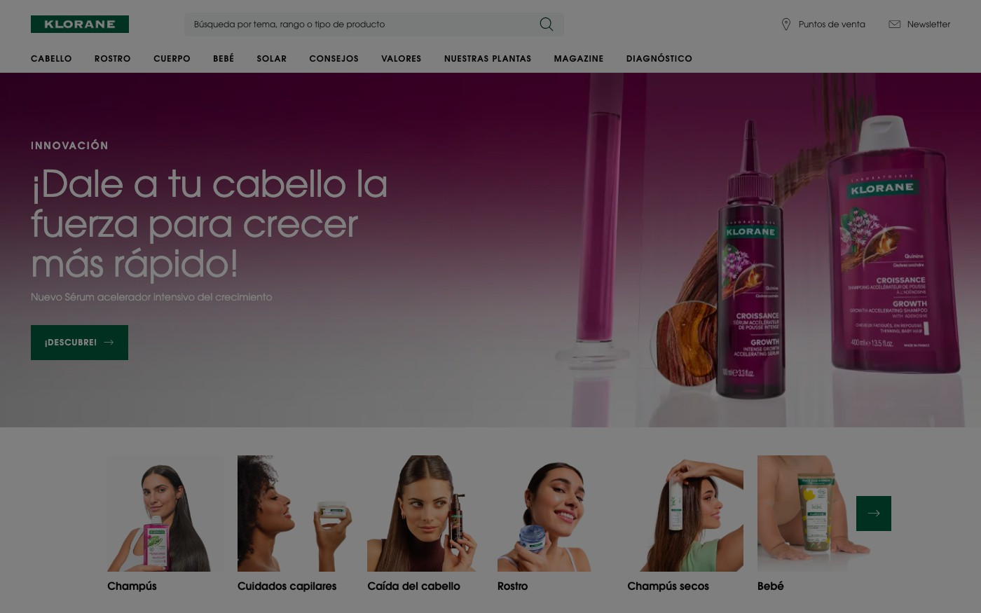 Captura de pantalla de la home de Klorane