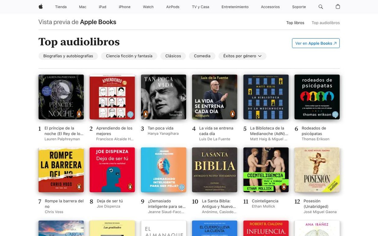 Captura de pantalla de la home de Apple Books
