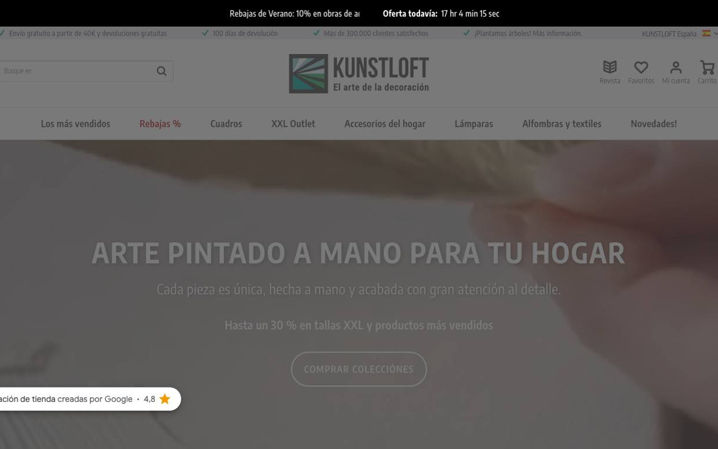 Captura de pantalla de la home de KunstLoft