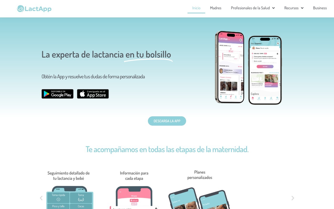 Captura de pantalla de la home de LactApp