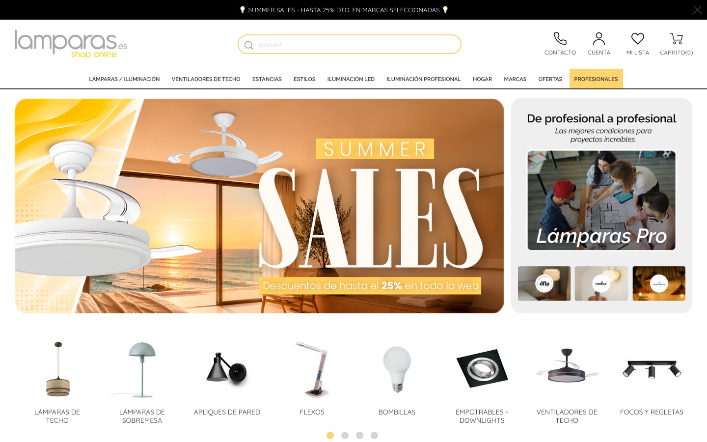 Captura de pantalla de la home de Lámparas.es
