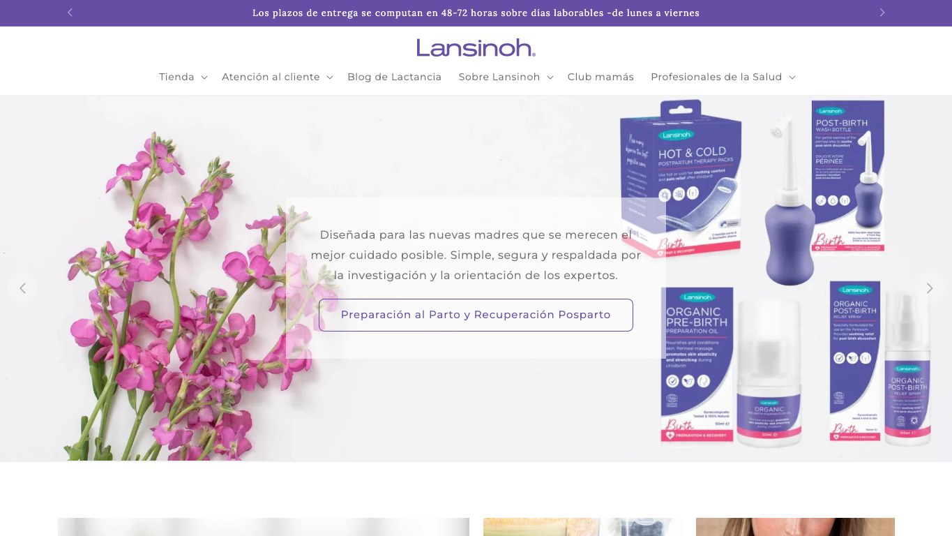 Captura de pantalla de la home de Lansinoh