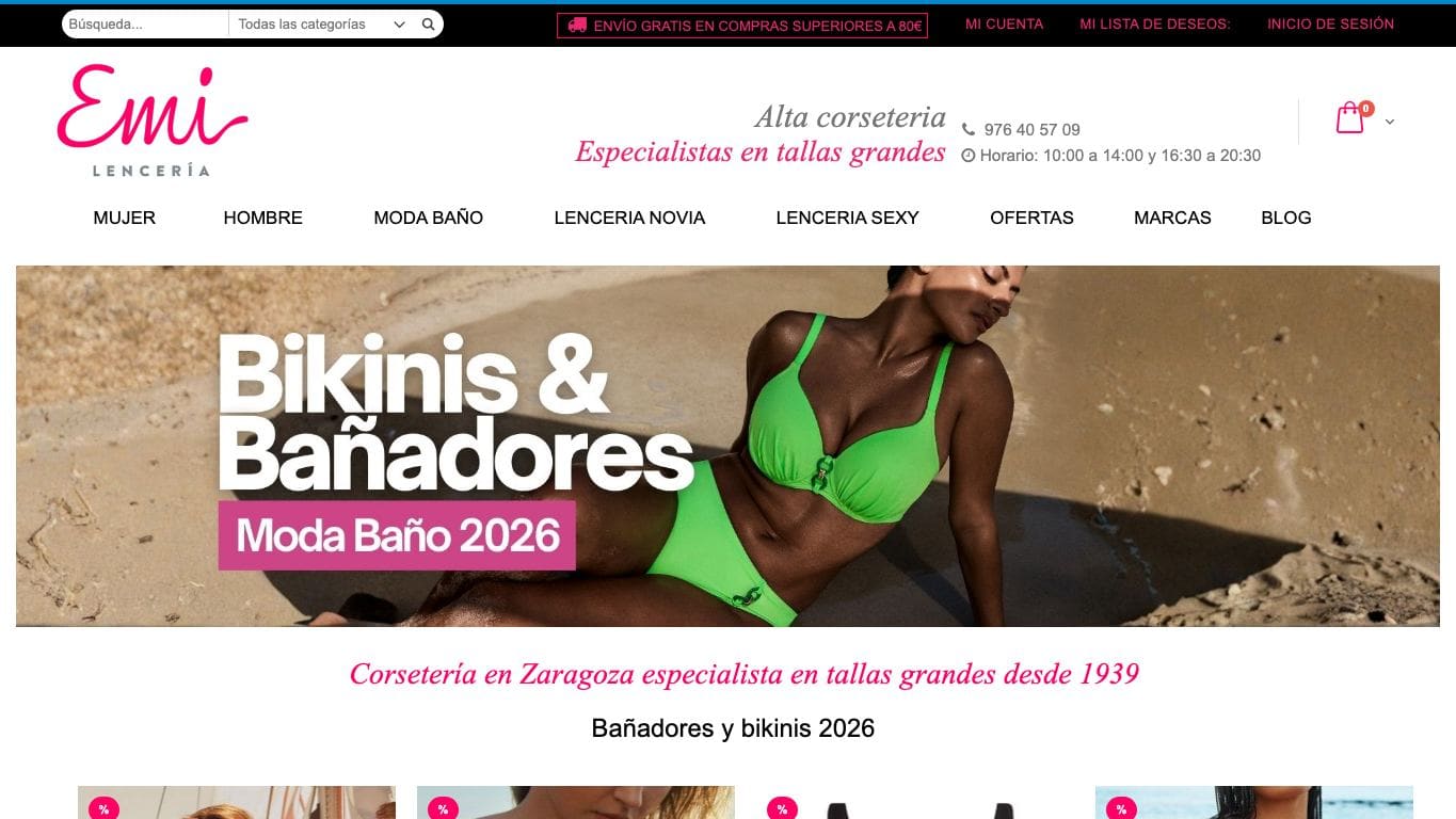 Captura real de la home de Lencería Emi