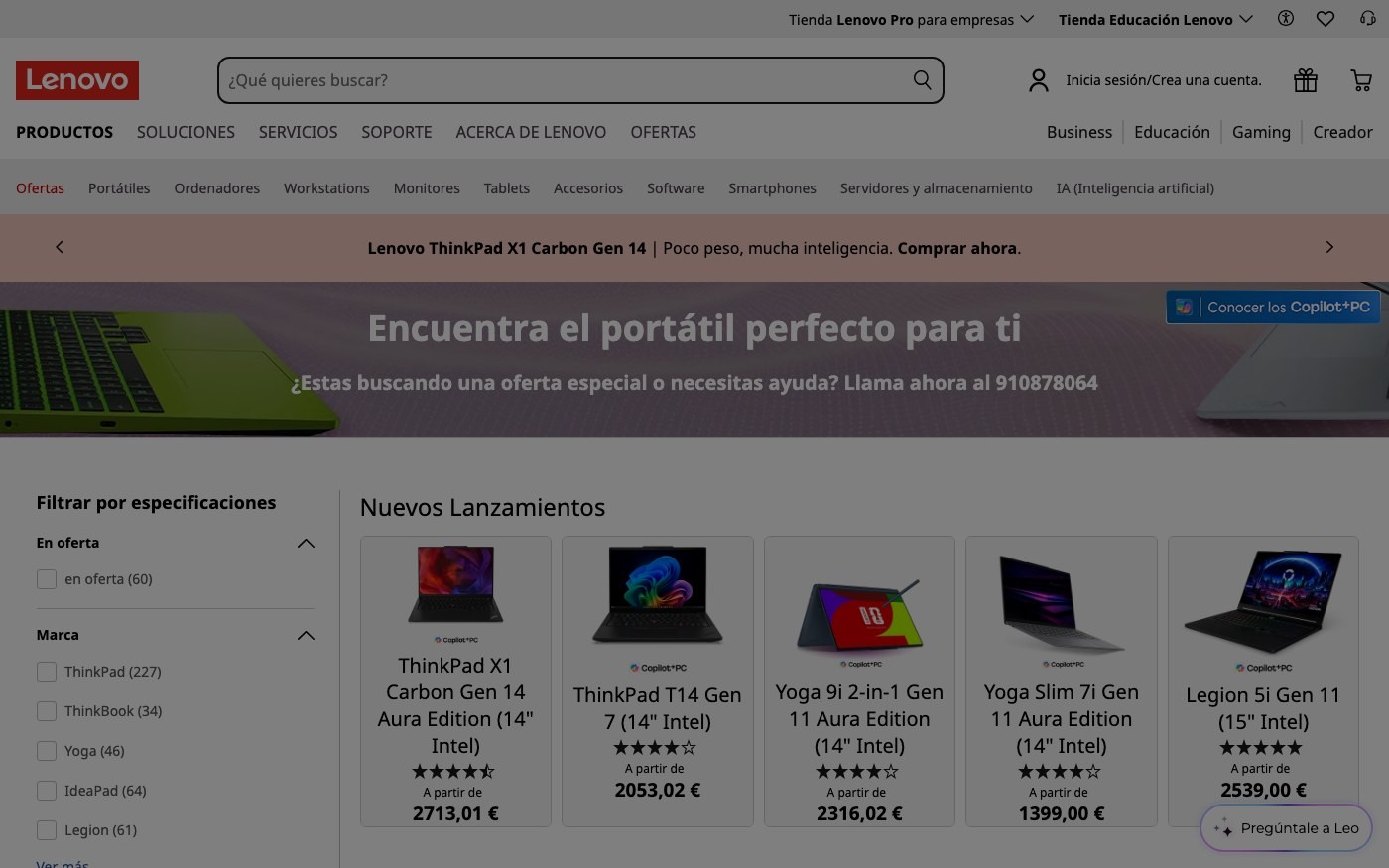 Captura de pantalla de la home de Lenovo