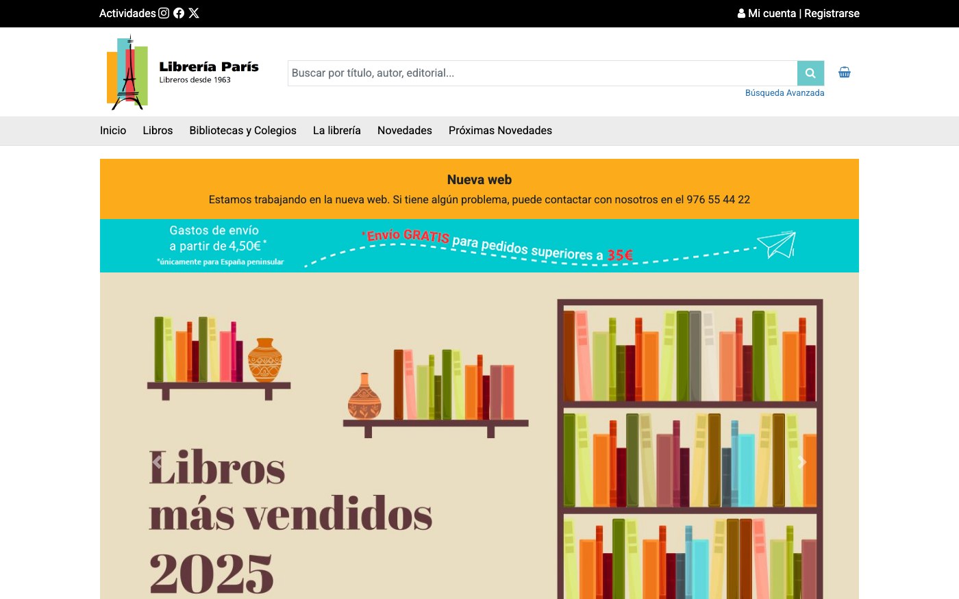 Captura limpia de la home oficial de Librería París