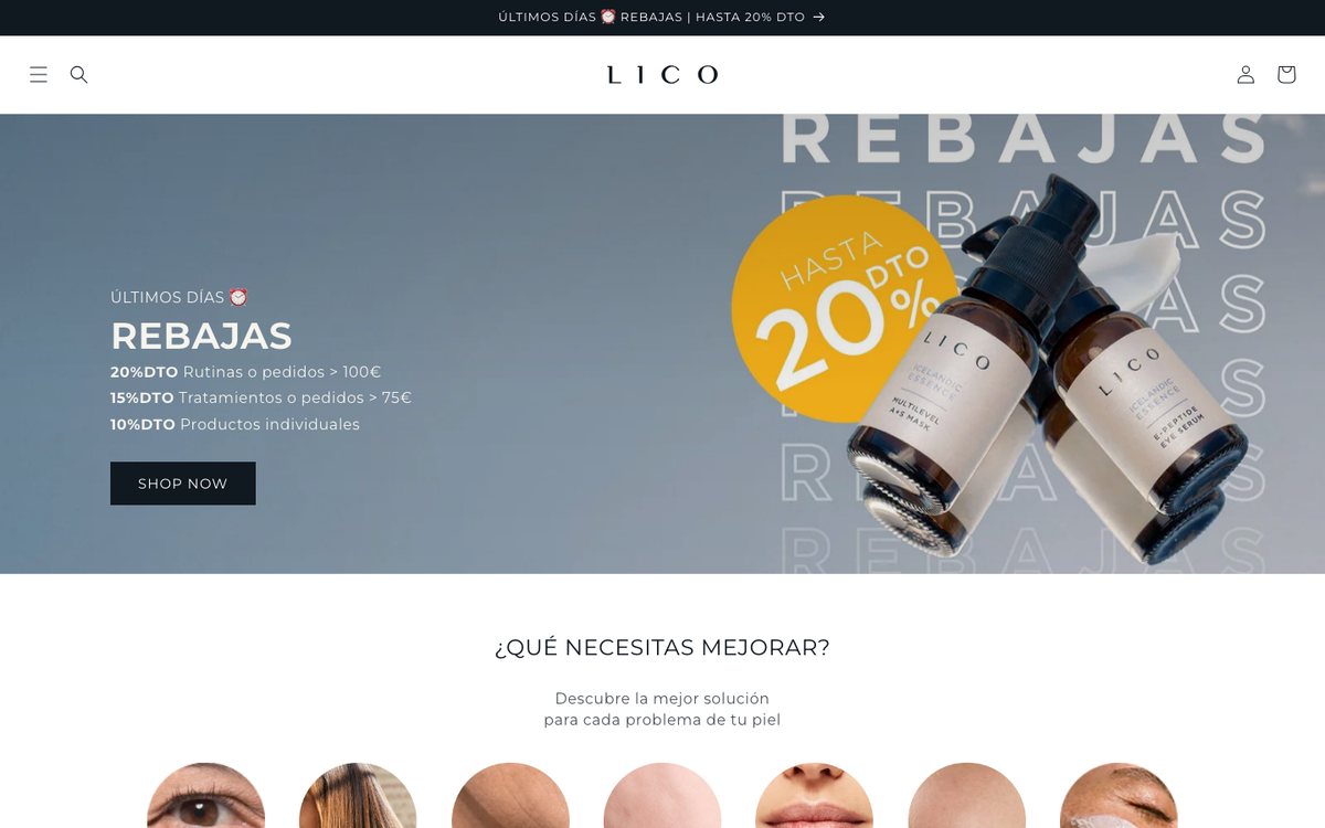 Captura limpia of the parte top of the home official of LICO Cosmetics