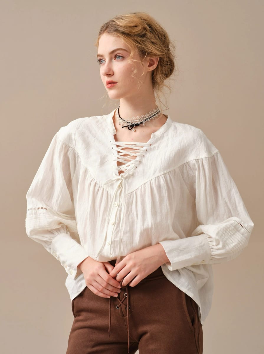 Neria Lace Up Linen Shirt Blouse