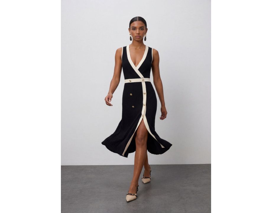 dress midi V-neck contraste
