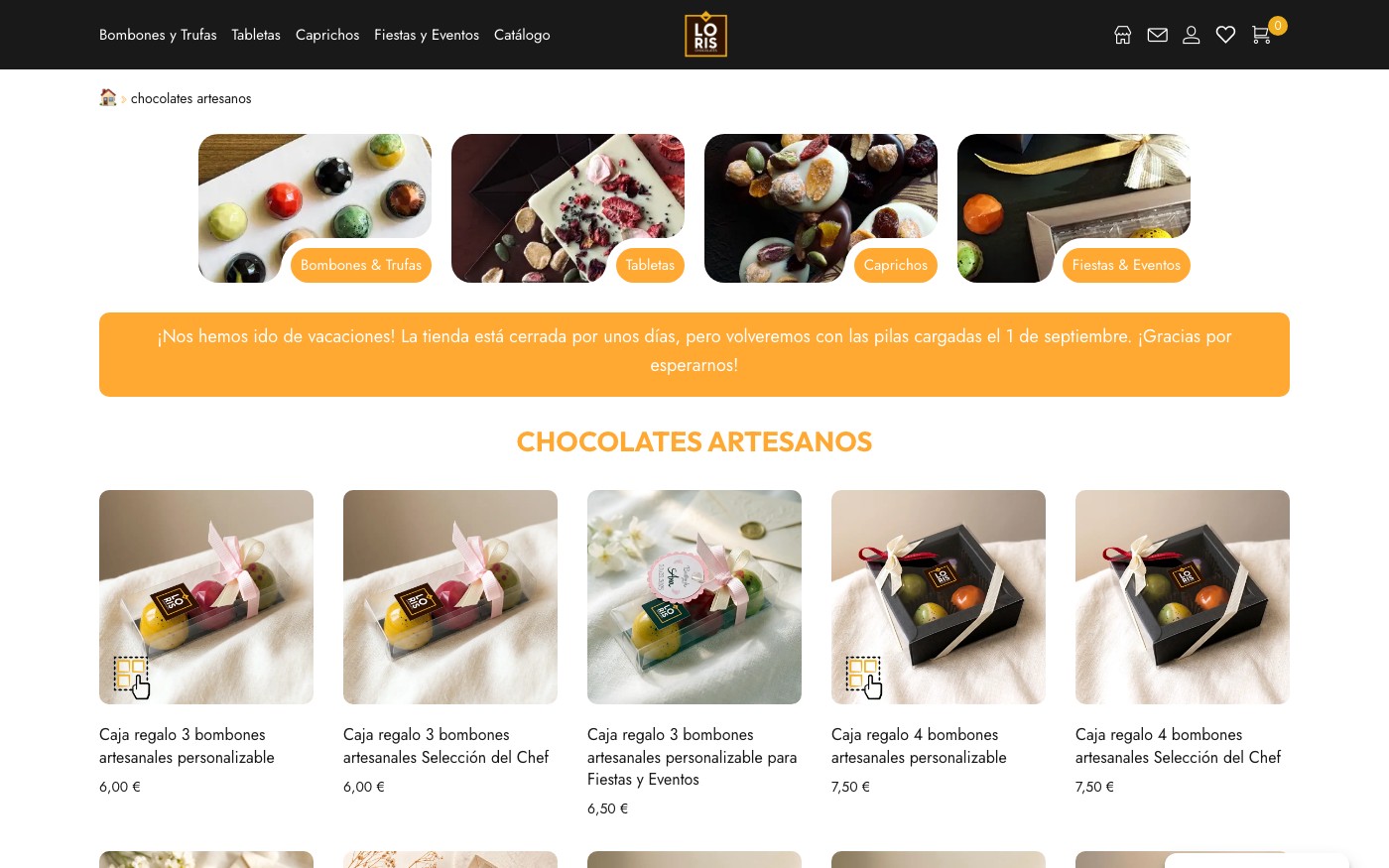 Captura de pantalla de la home de Loris Chocolates