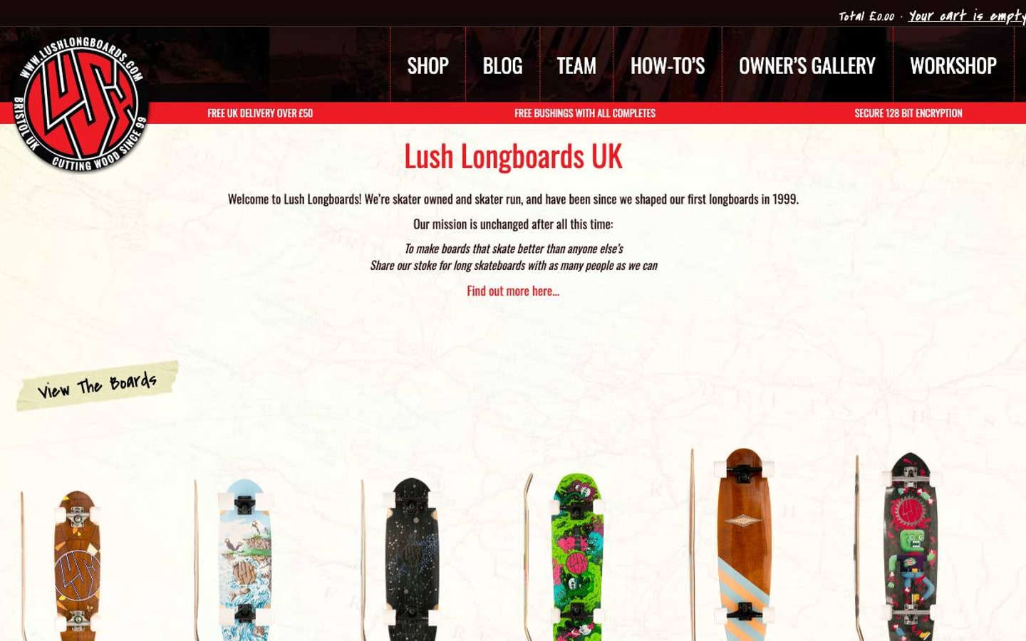 Captura de pantalla de la home de Lush Longboards