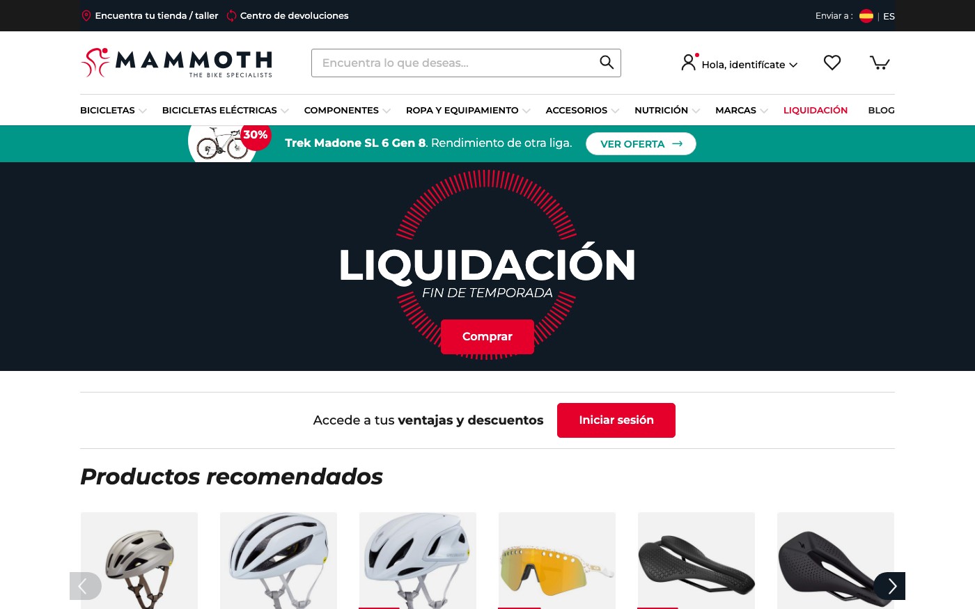 Captura de pantalla de la home de Mammoth Bikes