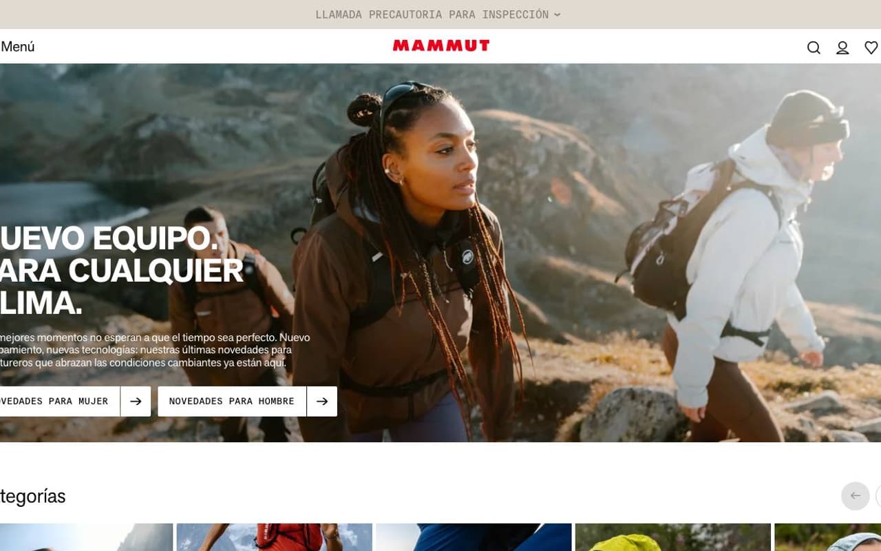 Captura de pantalla de la home de Mammut