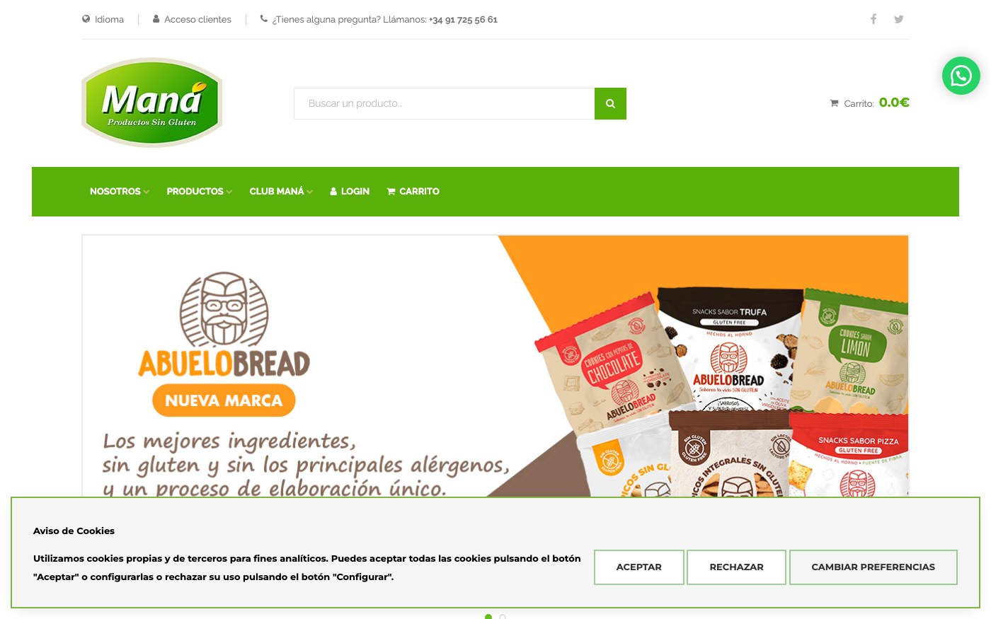 Captura limpia de la home oficial de Maná Productos Sin Gluten