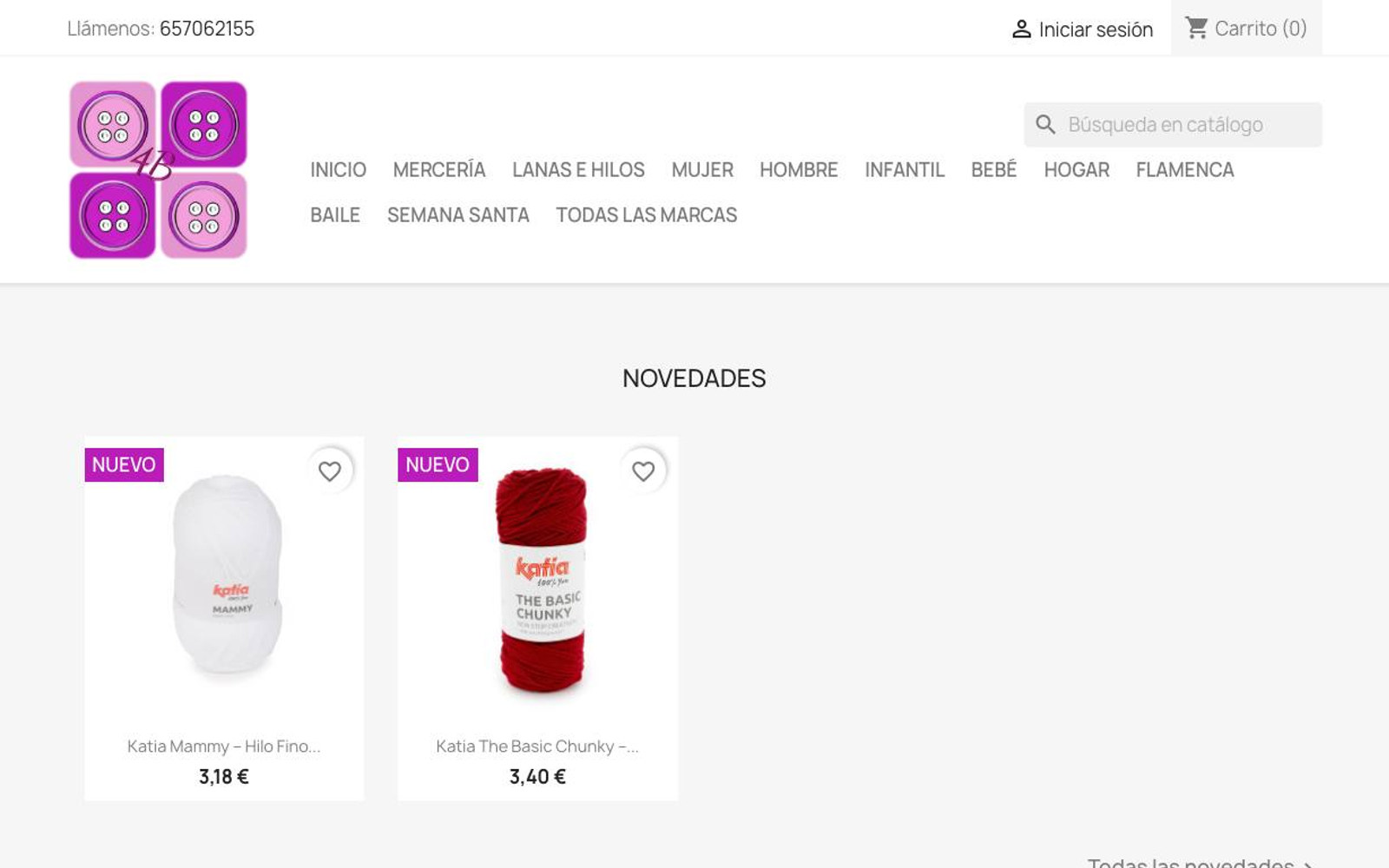 Captura limpia de la página de inicio de Mercería 4 Botones