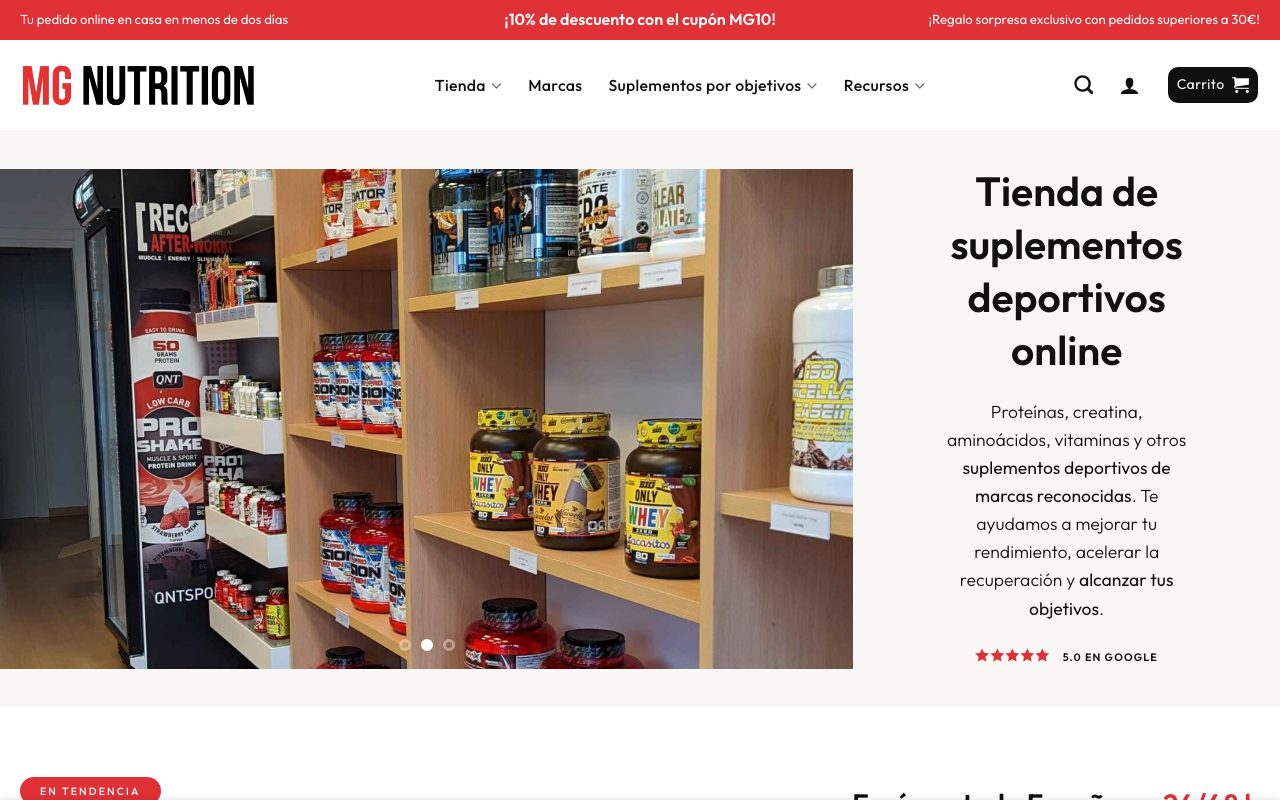 Captura de pantalla de la home de MG Nutrition