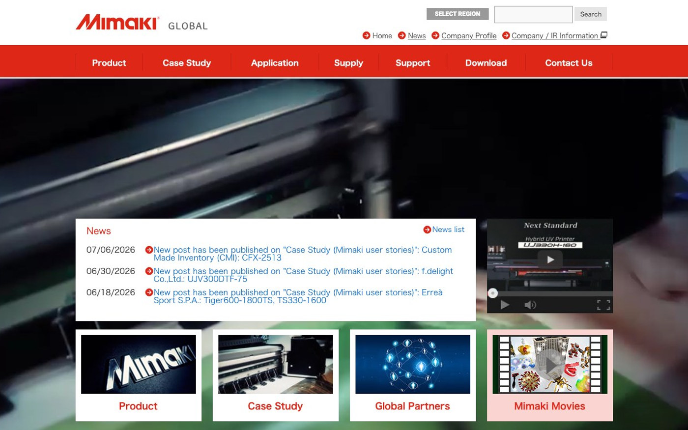 Captura limpia de la home oficial de Mimaki