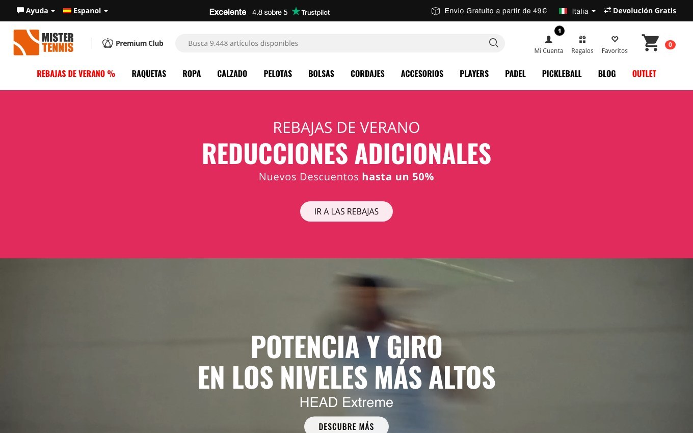 Captura de pantalla de la home de Mister Tennis