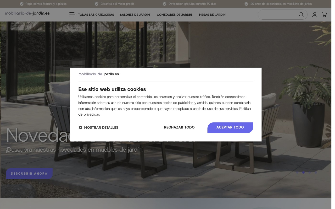 Captura de pantalla de la home de Mobiliario de Jardín