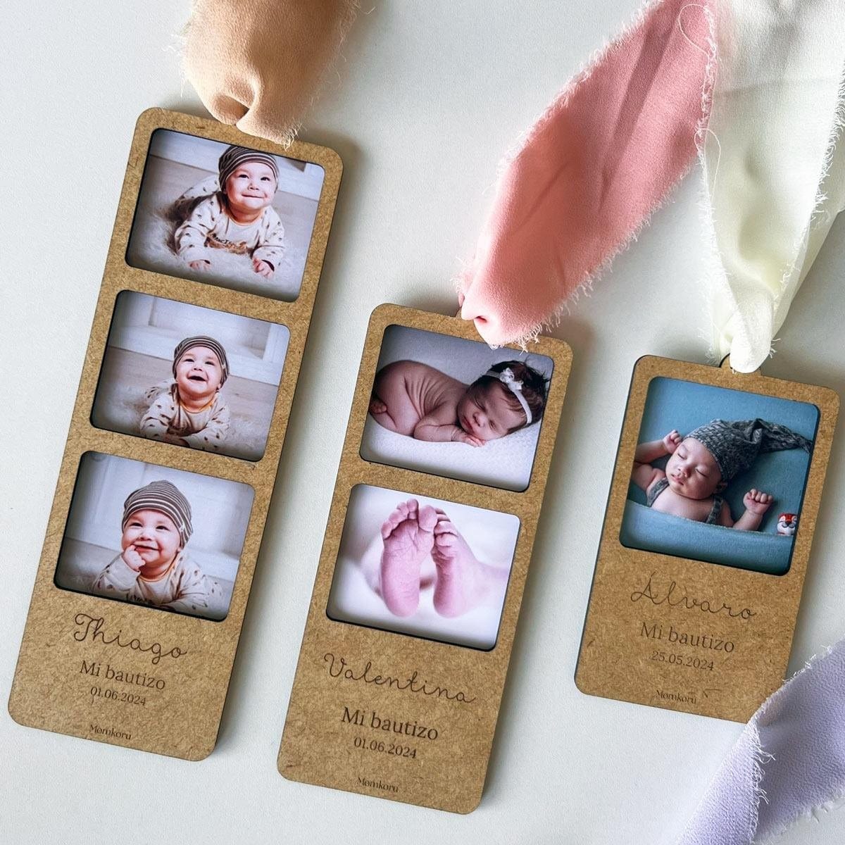 Marcapáginas bautizo personalizado con foto y nombre grabado — Detalle para invitados