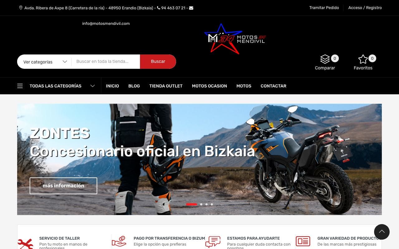 Captura de pantalla de la home de Motos Mendivil