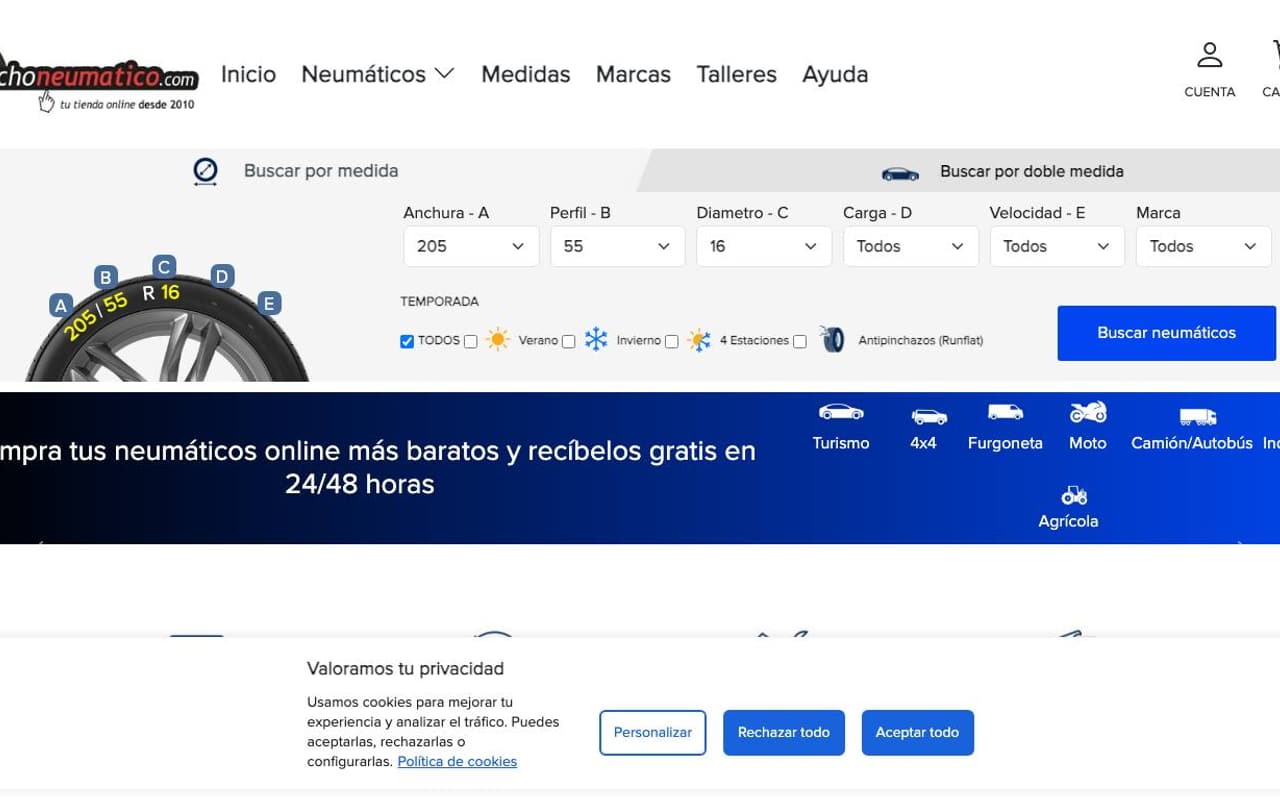 Captura de pantalla de la home de MuchoNeumático
