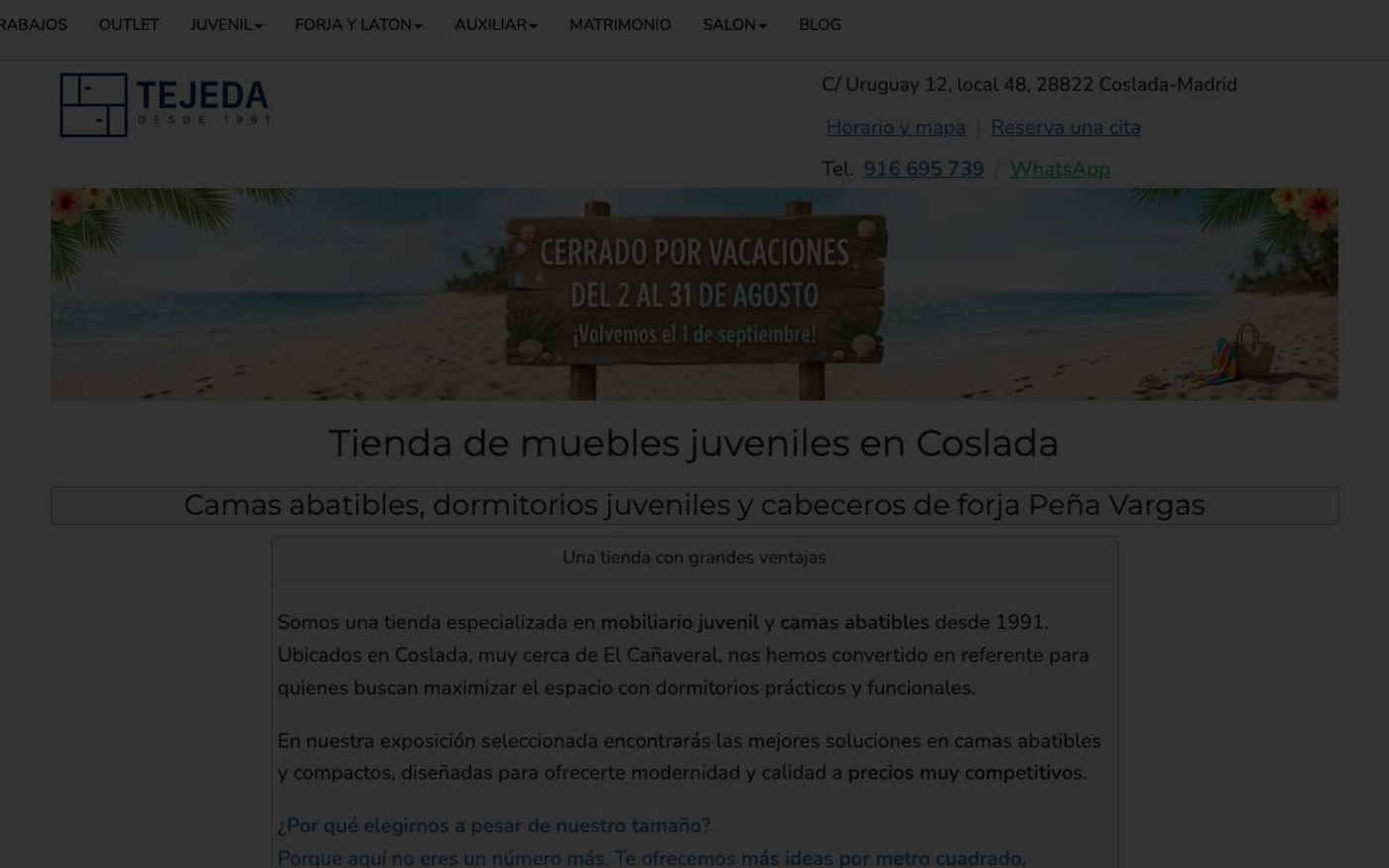 Captura de pantalla de la home de Muebles Tejeda