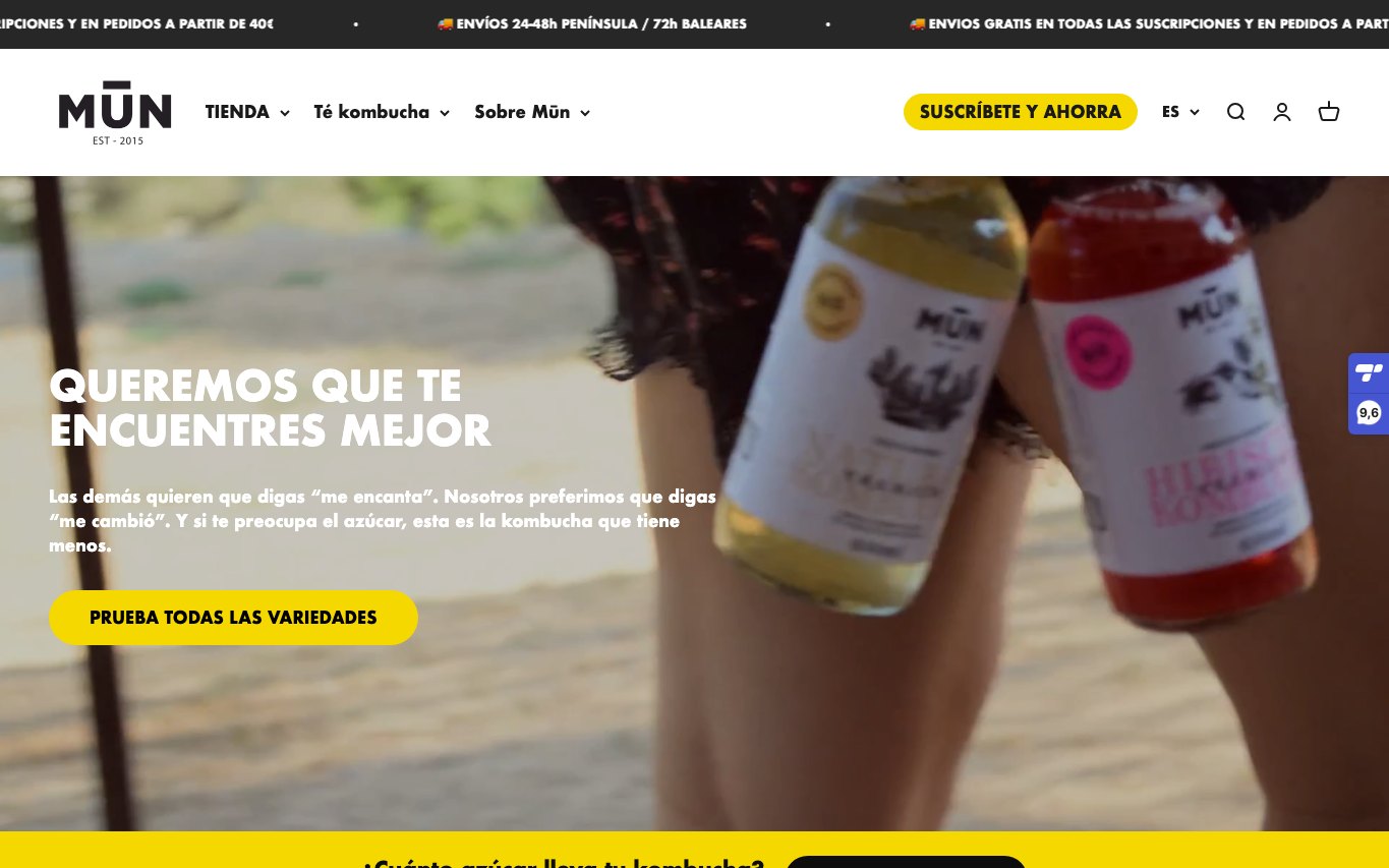 Captura de pantalla de la home de Mūn Kombucha