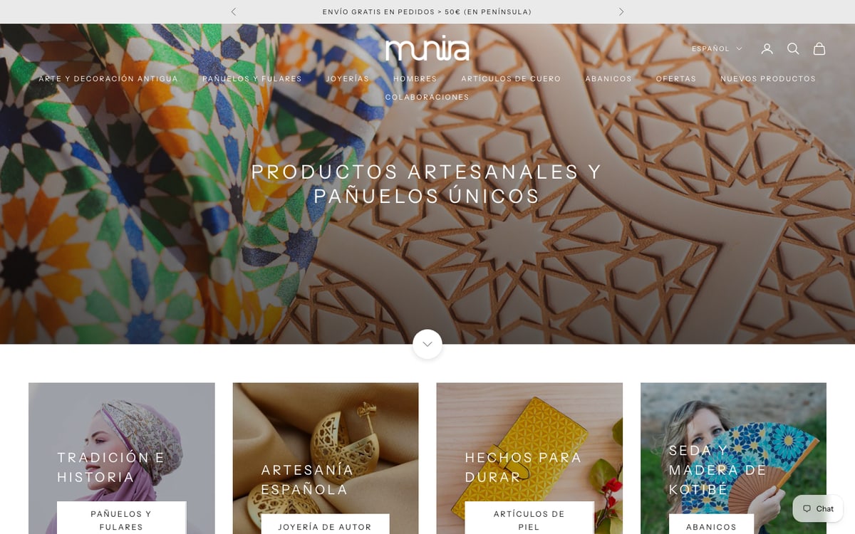 Captura real de la home de Munira Leather