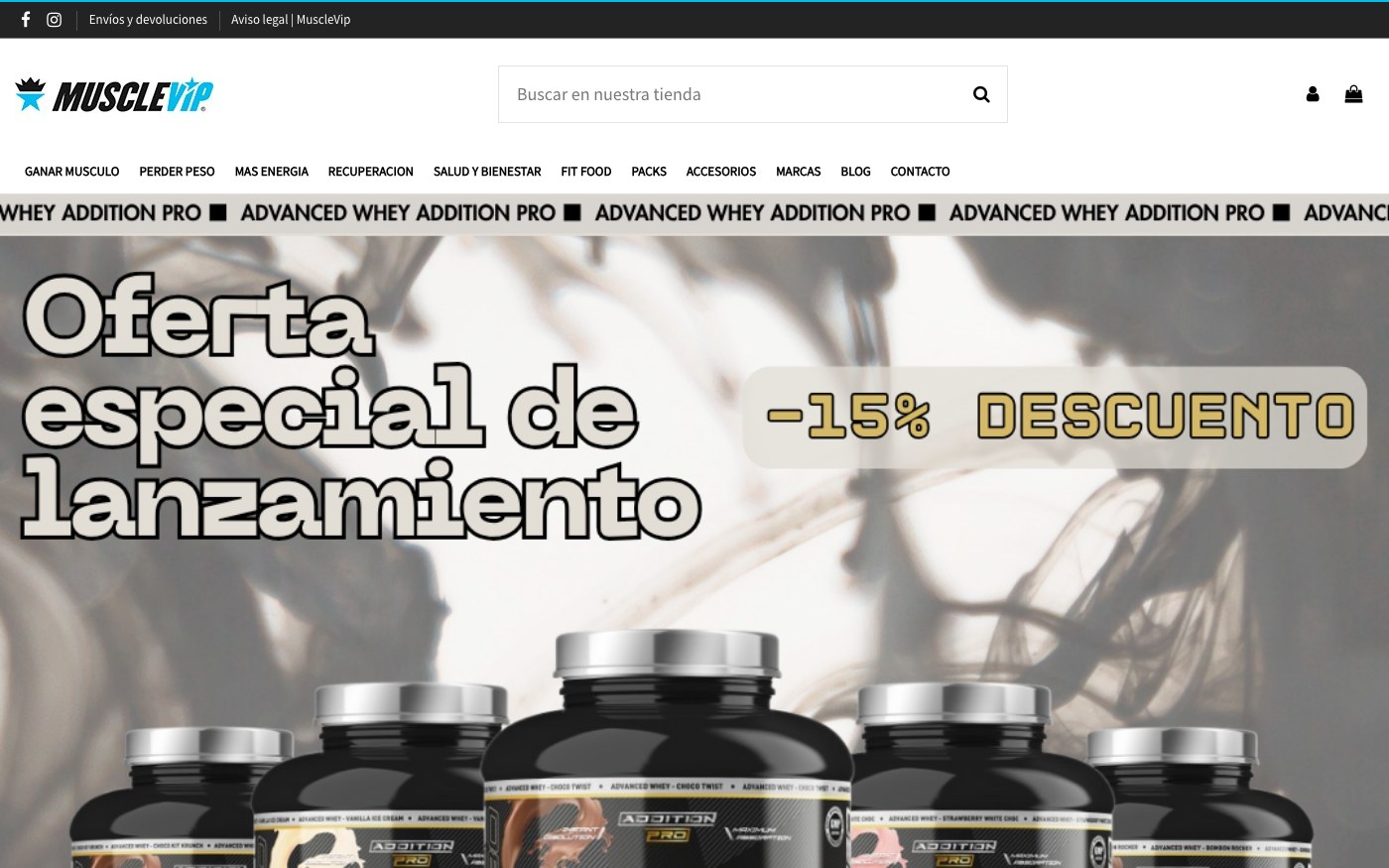 Captura de pantalla de la home de MuscleVIP