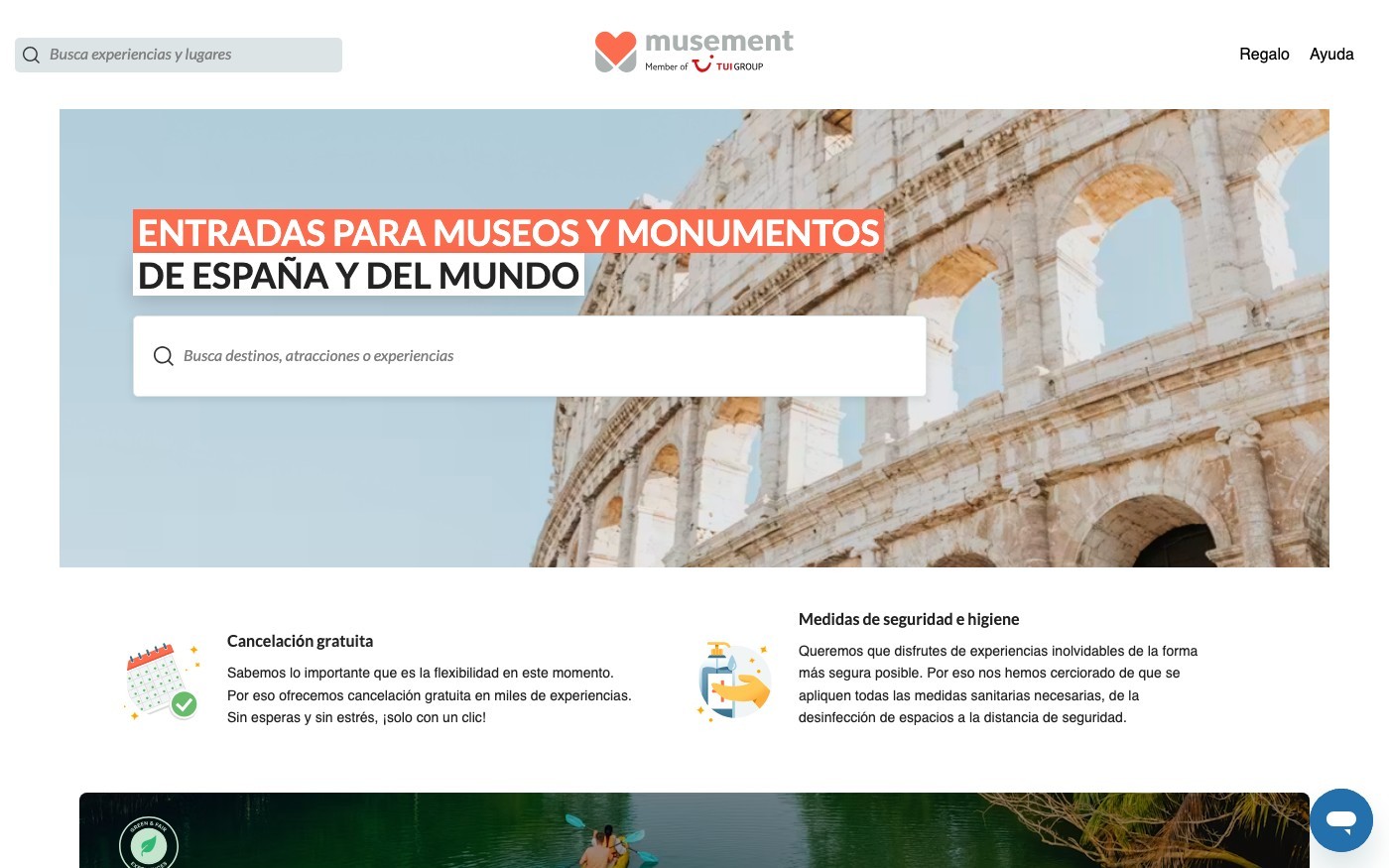 Captura de pantalla de la home de Musement