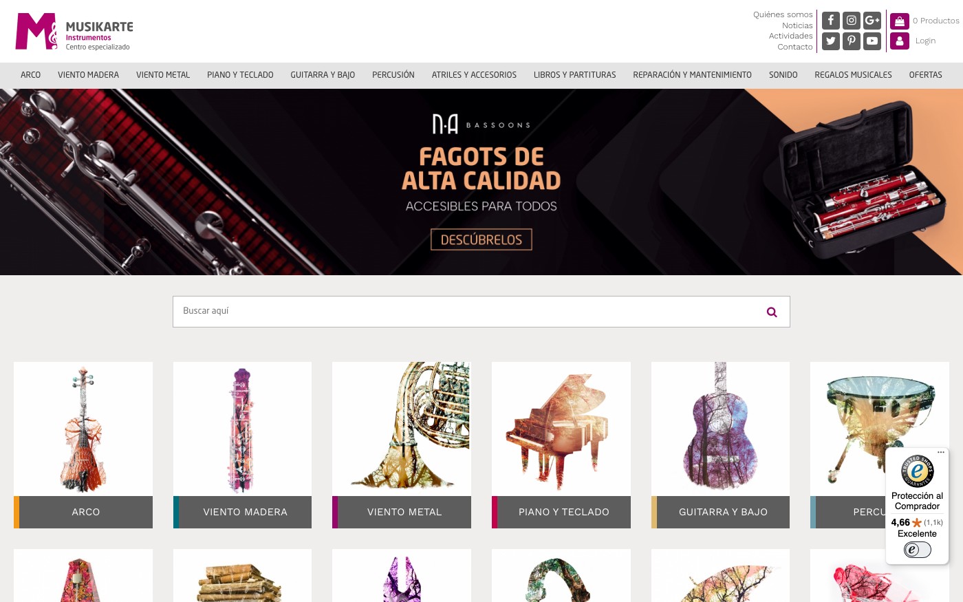 Captura de pantalla de la home de Musikarte Instrumentos
