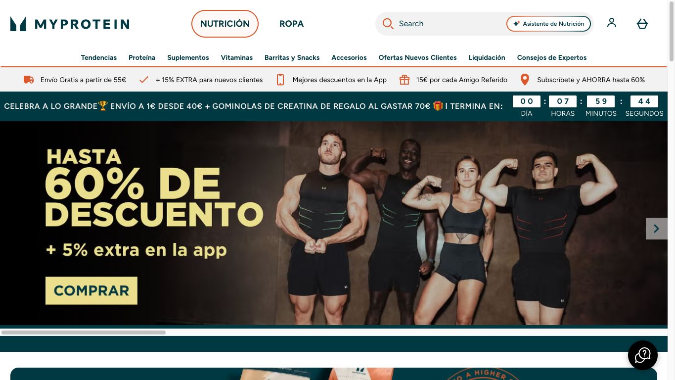 Captura real de la home de Myprotein