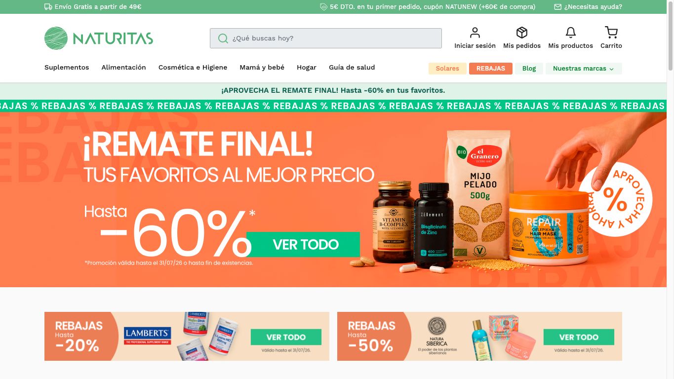 Captura real de la home de Naturitas