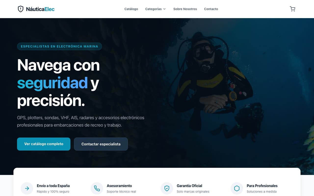 Captura limpia de la home oficial de Náutica Electronics