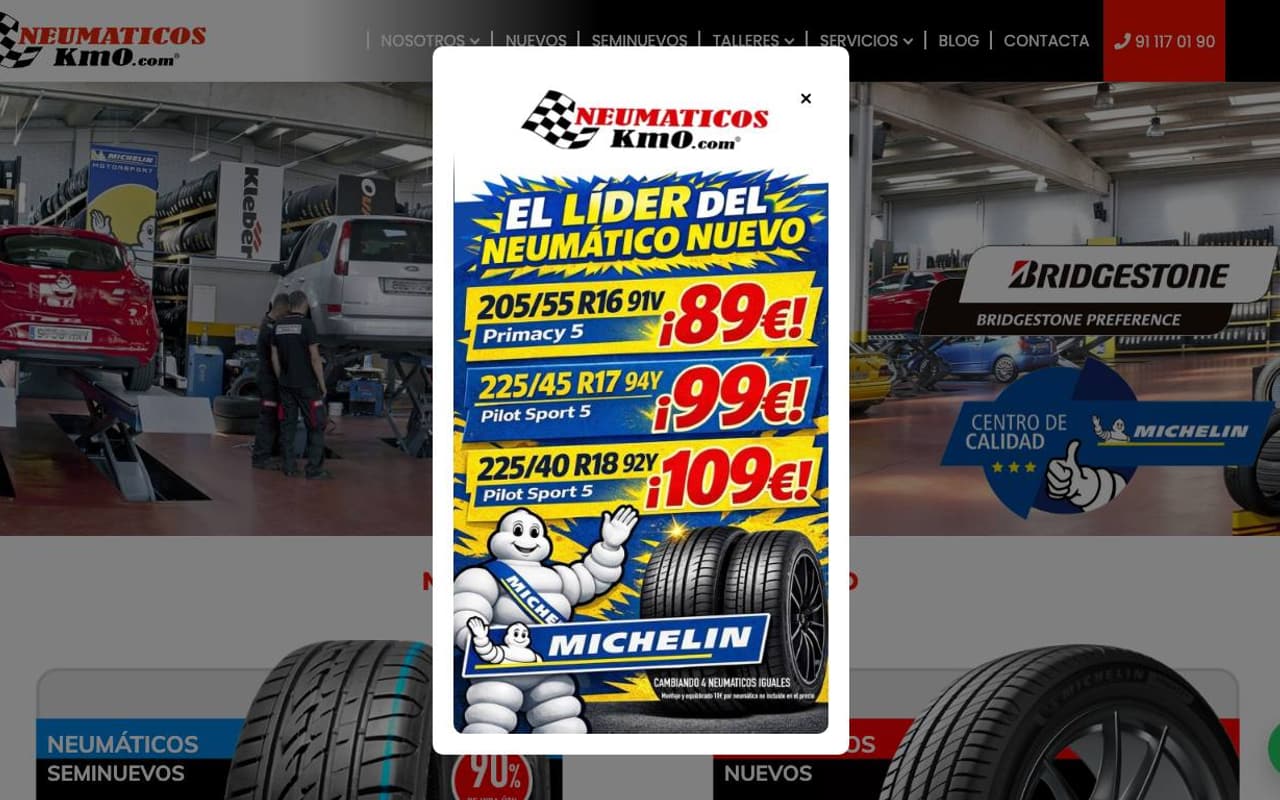 Captura de pantalla de la home de Neumáticos KM0