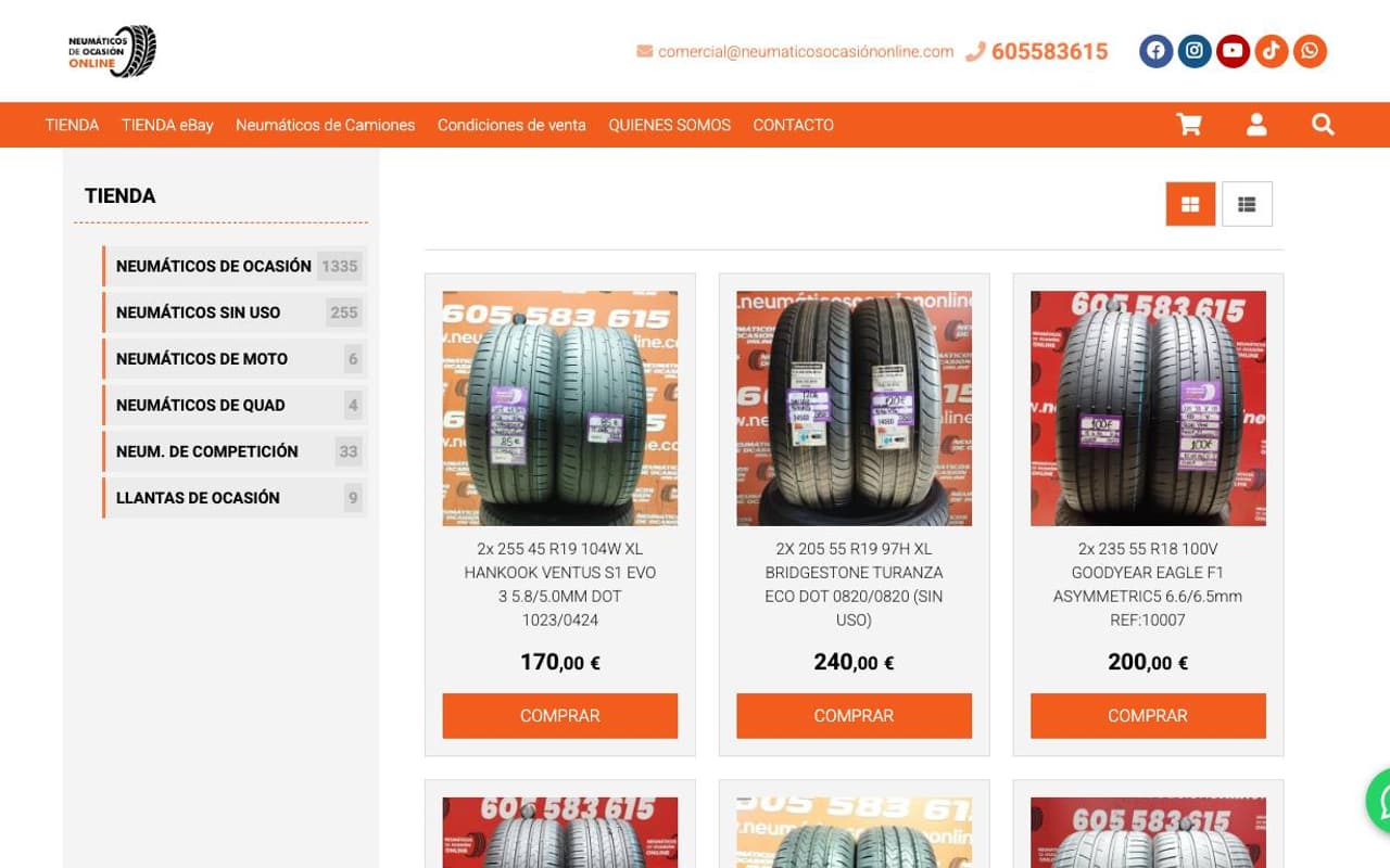 Captura de pantalla de la home de Neumáticos Ocasión Online