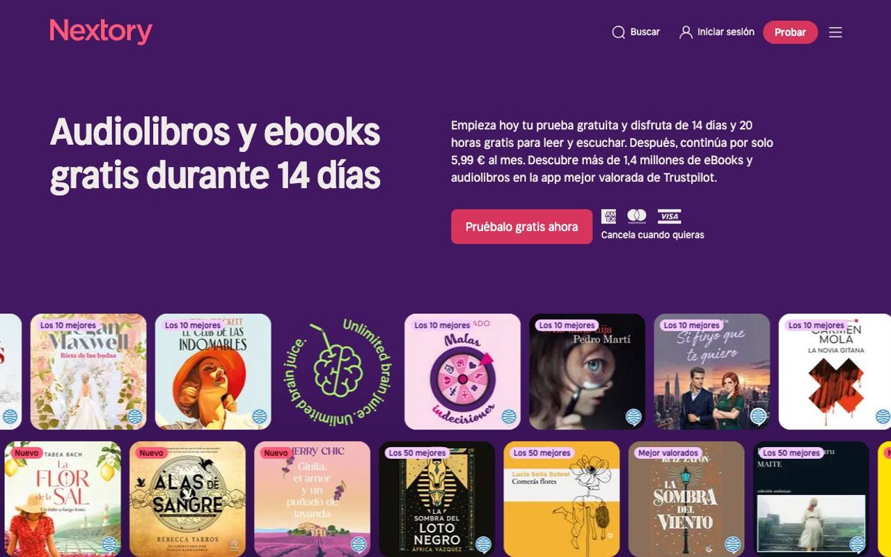 Captura de pantalla de la home de Nextory