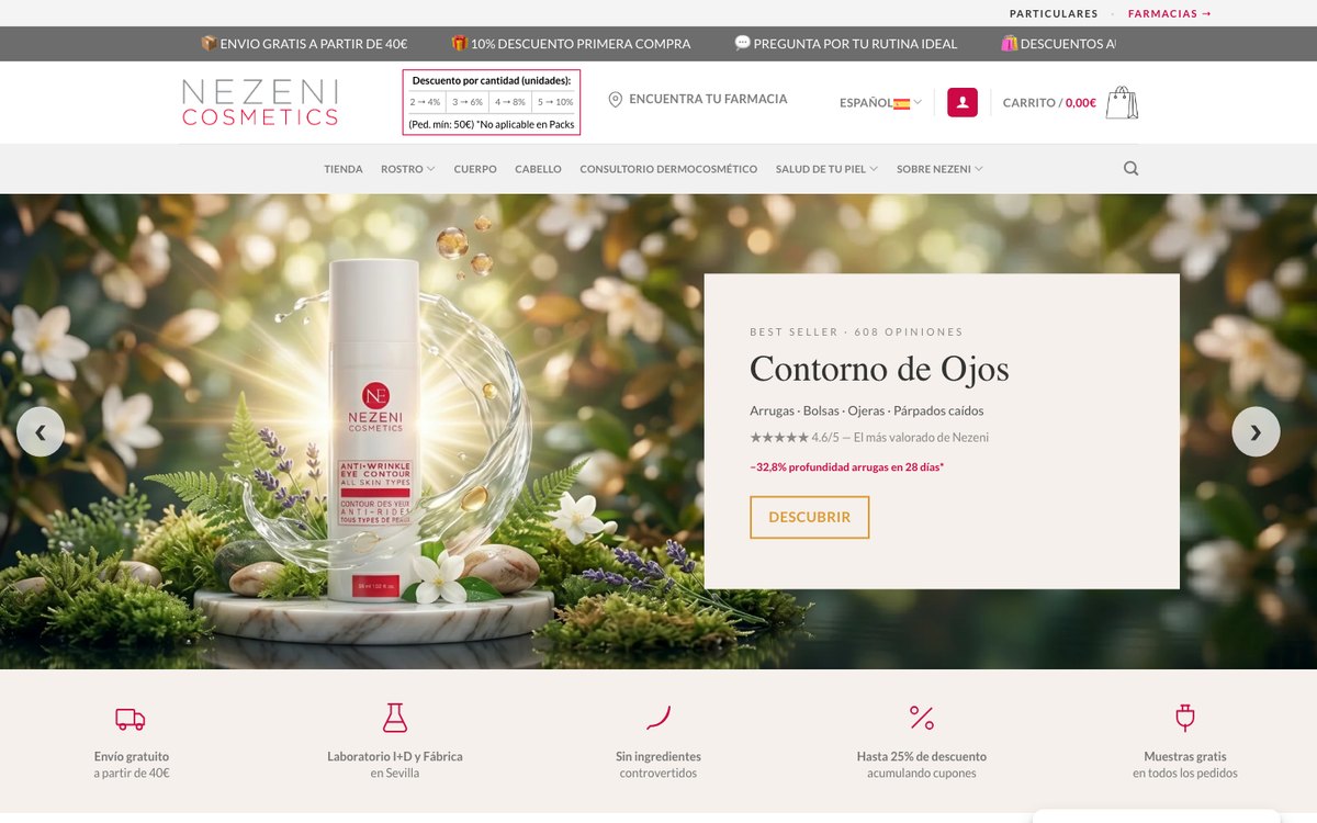 Captura real de la home de Nezeni Cosmetics